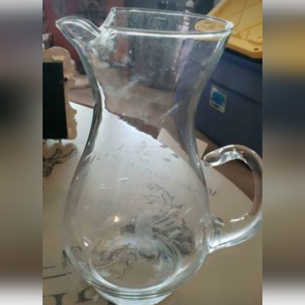 Vtg Princess House Heritage Floral Etched, Large Pitcher Cat Tail, Crystal